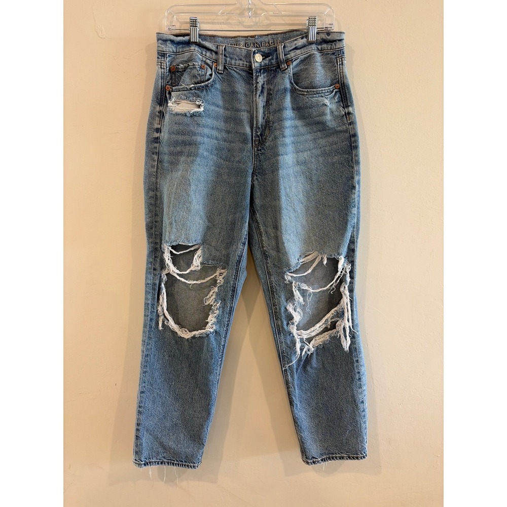 American Eagle Super High-Rise Baggy Straight Distressed Jeans Light Wash 8S